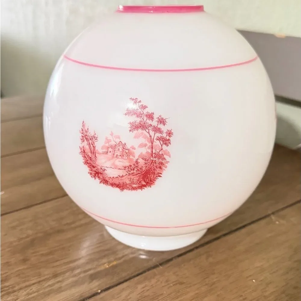 Victorian Antique Milk Glass Globe Lamp Shade w/ Pink Transfer Design